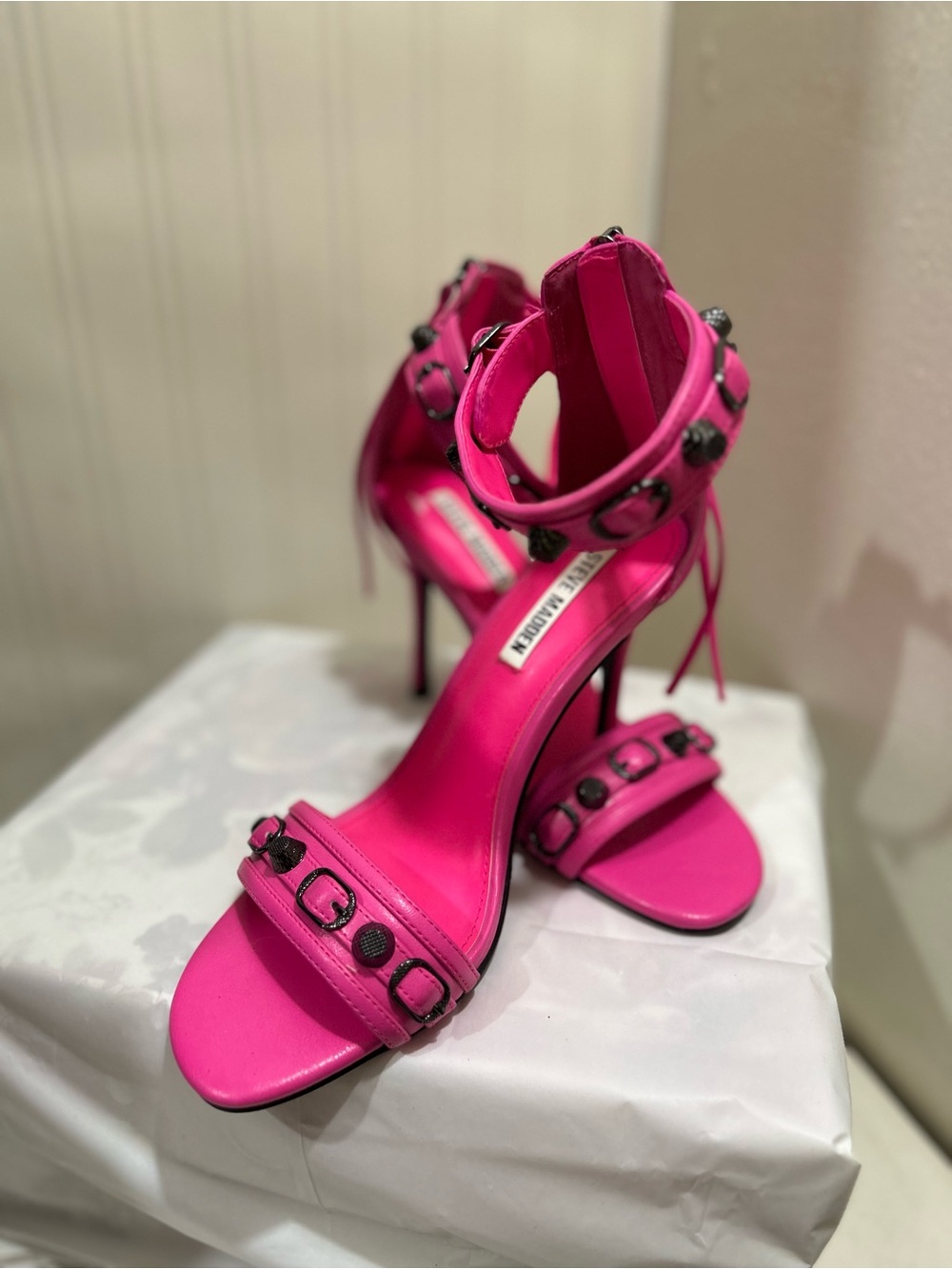 Steve Madden Hot Pink Studded Ankle-Strap Stiletto Sandals
